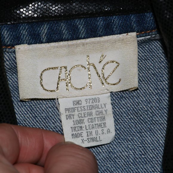 Cache Denim Jean Jacket with Genuine Leather Trim - Length 17 - Pits/Chest 15.5 - Picture 4 of 7